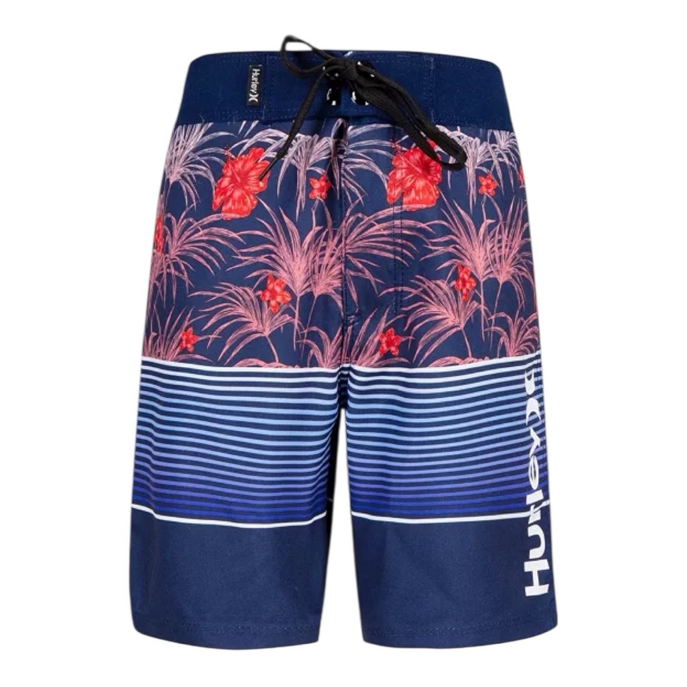 Hurley Boy’s Blue and Red Board Shorts with Tropical Design